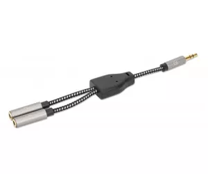 Manhattan Headphone Stereo Audio Y-Splitter Cable, 3.5mm, Aux, 15cm, Male/2x Female, Connects Two Sets of Headphones to One Audio Jack, Slim Design, Black/Silver, Gold plated contacts and pure oxygen-free copper wire, Lifetime Warranty, Polybag