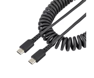 StarTech.com 20in (50cm) USB C Charging Cable, Coiled Heavy Duty Fast Charge & Sync USB-C Cable, USB 2.0 Type-C Cable, Rugged Aramid Fiber, Durable Male to Male USB Cable, Black