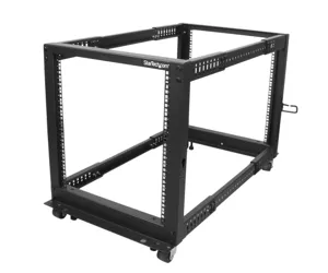 StarTech.com 4-Post 12U Mobile Open Frame Server Rack, Four Post 19" Network Rack with Wheels, Rolling Rack with Adjustable Depth for Computer/AV/Data/IT Equipment - Casters, Leveling Feet or Floor Mounting