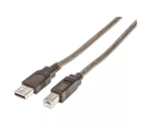 Manhattan USB-A to USB-B Cable, 11m, Male to Male, Active, 480 Mbps (USB 2.0), Built In Repeater, Hi-Speed USB, Translucent Silver, Three Year Warranty, Polybag