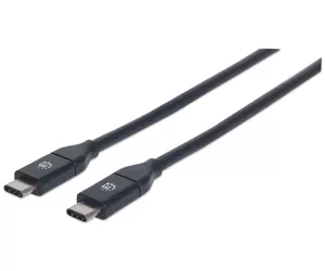 Manhattan USB-C to USB-C Cable, 1m, Male to Male, Black, 10 Gbps (USB 3.2 Gen2 aka USB 3.1), 3A (fast charging), Equivalent to USB31CC1M, SuperSpeed+ USB, Lifetime Warranty, Polybag