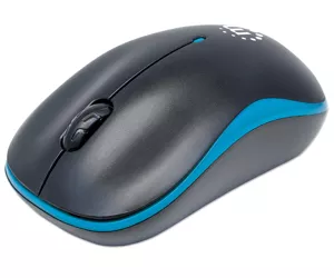 Manhattan Success Wireless Mouse, Black/Blue, 1000dpi, 2.4Ghz (up to 10m), USB, Optical, Three Button with Scroll Wheel, USB micro receiver, AA battery (included), Low friction base, Three Year Warranty, Blister