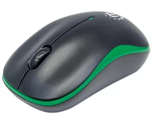 Manhattan Success Wireless Mouse, Black/Green, 1000dpi, 2.4Ghz (up to 10m), USB, Optical, Three Button with Scroll Wheel, USB micro receiver, AA battery (included), Low friction base, Three Year Warranty, Blister