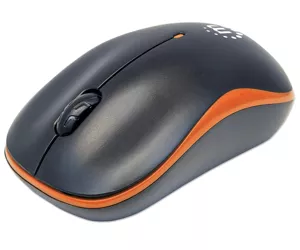 Manhattan Success Wireless Mouse, Black/Orange, 1000dpi, Optical, Three Button with Scroll Wheel, USB micro receiver, Low friction base.