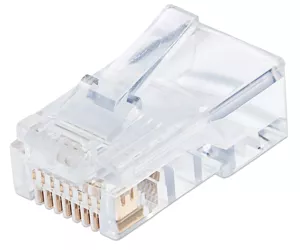 Intellinet 100er-Pack Cat5e RJ45-Modularstecker Pro Line, UTP, 3-Punkt-Aderkontaktierung, für Massivdraht, 100 Stecker im Becher, 50 µ vergoldete Kontakte