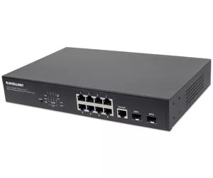 Intellinet 8-Port Gigabit Ethernet PoE+ Web-Managed Switch with 2 SFP Ports.