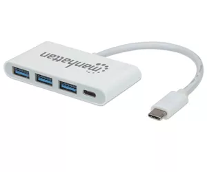 Manhattan USB-C Dock/Hub, Ports (x4): USB-A (x3) and USB-C, 5 Gbps (USB 3.2 Gen1 aka USB 3.0), With Power Delivery (60W) to USB-C Port (Note additional USB-C wall charger and USB-C cable needed), SuperSpeed USB, White, Three Year Warranty, Blister