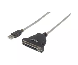 Manhattan USB-A to Parallel Printer DB25 Converter Cable, 1.8m, Male to Female, 1.2Mbps, IEEE 1284, Bus power, Black, Three Year Warranty, Blister