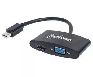Manhattan Mini DP 1.2 to HDMI or VGA Adapter Cable, 25cm, Black, 2-in-1, HDMI 4K@30Hz, VGA@60Hz, Male to Female, Note: Only One Port can be Used at a Time, Lifetime Warranty.