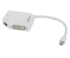 Manhattan Mini DisplayPort 1.2 to HDMI, DVI and VGA Adapter Cable (3-in-1), 25cm, White, Male to Female, Passive, HDMI 4K@30Hz, VGA and DVI 1080p@60Hz, Equivalent to MDP2VGDVHDW, Compatible with DVD-D, Three Year Warranty, Blister
