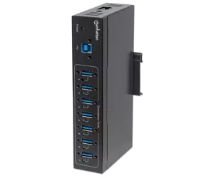 Manhattan USB-A 7-Port Hub Industrial, 7x USB-A Ports, 5 Gbps (USB 3.2 Gen1 aka USB 3.0), 20 kV ESD Protection, A/C, Bus and Terminal-Block Power Options, DIN Rail, Wall Mountable, Metal Housing, Screw-Lock Security, SuperSpeed USB, Black, Three Year Warranty, Box