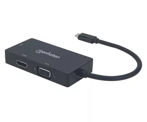 Manhattan USB-C Dock/Hub, Ports (x3): DVI-I, HDMI and VGA Ports, Note: Only One Port can be used at a time, External Power Supply Not Needed, Cable 10cm, Black, Three Year Warranty, Blister