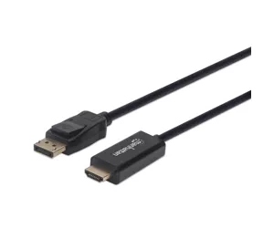 Manhattan DisplayPort 1.1 to HDMI Cable, 1080p@60Hz, 3m, Male to Male, DP With Latch, Black, Not Bi-Directional, Three Year Warranty, Polybag