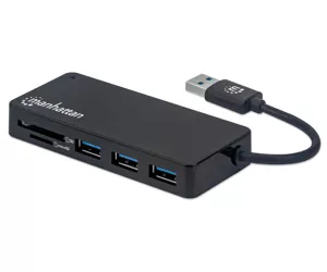 Manhattan USB-A 3-Port Hub with Card Reader, 3x USB-A ports, 5 Gbps (USB 3.2 Gen1 aka USB 3.0), SD, MicroSD, MMC and Memory Stick; Bus Power, SuperSpeed USB, Black, Three Year Warranty, Box