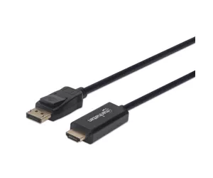 Manhattan DisplayPort 1.2 to HDMI Cable, 4K@60Hz, 1m, Male to Male, DP With Latch, Black, Not Bi-Directional, Three Year Warranty, Polybag