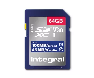 Integral INSDX64G-100V30 64GB SD CARD SDXC UHS-1 U3 CL10 V30 UP TO 100MBS READ 45MBS WRITE