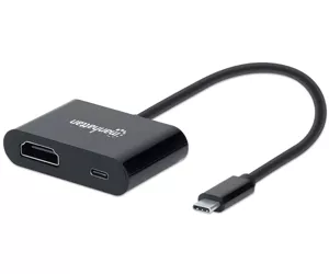 Manhattan USB-C to HDMI and USB-C (inc Power Delivery), 4K@60Hz, 19.5cm, Black, Power Delivery to USB-C Port (60W), Equivalent to CDP2HDUCP, Male to Females, Lifetime Warranty, Retail Box