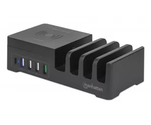 Manhattan Power Delivery-Ladestation mit kabellosem Induktionsladegerät 55 W, Ein USB-C Power Delivery-Port mit bis zu 30 W, ein Quick Charge™-Ladeport mit bis zu 18 W, drei USB-A-Ports mit insgesamt 36 W, abnehmbares 10 W-Induktionsladepad, schwarz