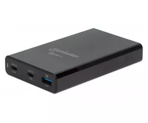 Manhattan Charging Station, 2x USB-C and 1x USB-A Ports, USB-C Outputs: 1x 60W and 1x 18W, USB-A Output: 1x 18W (Qualcomm Quick Charge), Cable 1m, Includes USB-C to USB-C 2m cable (480 Mbps USB 2.0), Black (Power Cable: Euro 2-pin plug to C7 fig-of-8 connector)