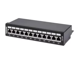 Intellinet Patch Panel, Cat6a, FTP, 12-Port, Desktop, Shielded, 90° Top-Entry Punch Down Blocks, Black