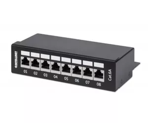 Intellinet Patch Panel, Cat6a, FTP, 8-Port, Desktop, Shielded, 90° Top-Entry Punch Down Blocks, Black