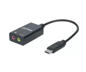 Manhattan USB-C Audio/Sound Adapter, USB-C to 3.5mm Mic-in and Audio-Out ports, 480 Mbps (USB 2.0), supports 2.1 stereo, Cable 11cm, Black, Three Year Warranty, Box