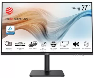 MSI Modern MD272P 27 Inch Monitor with Adjustable Stand, Full HD (1920 x 1080), 75Hz, IPS, 5ms, HDMI, DisplayPort, USB Type-C, Built-in USB Hub, Built-in Speakers, Anti-Glare, Anti-Flicker, Less Blue light, TÜV Certified, VESA, Kensington, Black