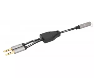 Manhattan Headset Adapter Cable with Stereo Audio Y-Splitter, 3.5mm, Aux, 15cm, Female/2x Male, Splits Single Headset Plug into Microphone and Audio Plugs, Slim Design, Black/Silver, Gold plated contacts and pure oxygen-free copper wire, Lifetime Warranty