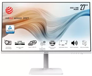 MSI Modern MD272QPW 27 Inch Monitor with Adjustable Stand, WQHD (2560 x 1440), 75Hz, IPS, 4ms, HDMI, DisplayPort, USB Type-C, Built-in USB Hub, Built-in Speakers, Anti-Glare, Anti-Flicker, Less Blue light, TÜV Certified, VESA, White