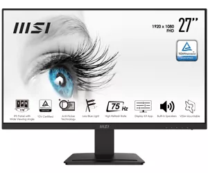 MSI Pro MP273 27 Inch Monitor, Full HD (1920 x 1080), 75Hz, IPS, 5ms, HDMI, DisplayPort, Built-in Speakers, Anti-Glare, Anti-Flicker, Less Blue light, TÜV Certified, VESA, Kensington, Black