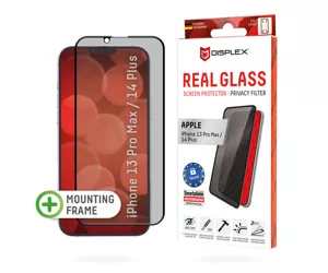 Displex Privacy Full Cover Screen Protector (10H) for Apple iPhone 13 Pro Max/14 Plus, Eco Mounting Frame, Privacy Filter, Tempered Glass, scratch resistant protective film, case friendly