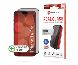 Displex Privacy Full Cover Screen Protector (10H) for Apple iPhone 14 Pro, Eco Mounting Frame, Privacy Filter, Tempered Glass, scratch resistant protective film, case friendly