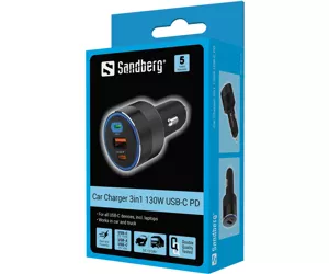 Sandberg Car Charger 3in1 130W USB-C PD Универсальная Черный Прикуриватель Быстрая зарядка Авто