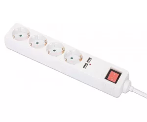 Manhattan Power Distribution Unit EU (2-pin), x4 gang/output & x2 USB-A ports with on/off switch, 2m cable, 16A, White, Extension Lead, PDU, Power Strip, 2.1A shared USB-A output, Three Year Warranty