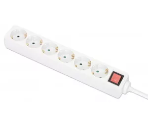Manhattan Power Distribution Unit EU (2-pin), x6 gang/output with on/off switch, 2m cable, 16A, White, Extension Lead, PDU, Power Strip, Three Year Warranty