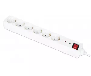 Manhattan Power Distribution Unit EU (2-pin), x6 gang/output with on/off switch (neon) and Surge Protection, 2m cable, 16A, White, Extension Lead, PDU, Power Strip, Three Year Warranty