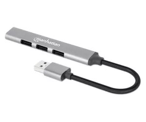 Manhattan USB-A 4-Port Hub, 4x USB-A Ports (1x 5 Gbps USB 3.2 Gen1 aka USB 3.0, 3 x 480 Mbps USB 2.0), Bus Powered, Aluminium, Space Grey, Three Year Warranty, Blister