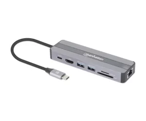 Manhattan 153928 knyginių kompiuterių dokas / jungčių replikatorius Vielinis USB 3.2 Gen 1 (3.1 Gen 1) Type-C Juoda, Sidabras