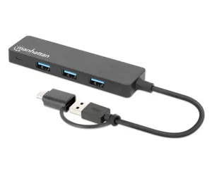 Manhattan USB-C & USB-A Combo Dock/Hub, Ports (4): USB-A (x4), 5 Gbps (USB 3.2 Gen1 aka USB 3.0), External Power Supply Not Needed, SuperSpeed USB, Black, Three Year Warranty, Retail Box