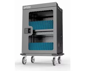 Manhattan Charging Cabinet/Cart via USB-C x32 Devices, Trolley, Power Delivery 18W per port (576W total), Suitable for iPads/other tablets/chromebooks up to 15.6", Bays 380x30x280mm, Device charging cables not included, Lockable (PIN code), EU & UK power cords