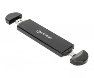 Manhattan M.2 NVMe and SATA SSD Enclosure, USB-C & USB-A Male Connection, Up to 10 Gbps (USB 3.2 Gen2 aka USB 3.1), For 2230/2242/2260/2280 SSDs with M Key or B+M Key, SuperSpeed+ USB, Aluminum, Black, Three Year Warranty, Box