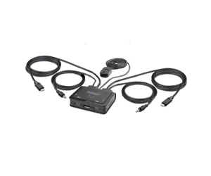 StarTech.com 2-Port USB-C Cable KVM Switch, 4K 60Hz DisplayPort Output, Compact KVM with 4ft/1.2m USB Type-C/Audio Integrated Cables, Bus Powered - Remote Push-Button/Hotkey Switching