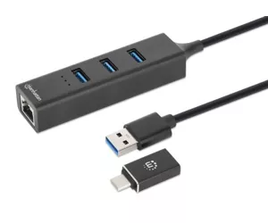 Manhattan USB-C & USB-A Combo Dock/Hub, Ports (4): Ethernet and USB-A (x3), 5 Gbps (USB 3.2 Gen1 aka USB 3.0), External Power Supply Not Needed, USB-A Male with Attachable USB-C Male Adapter, SuperSpeed USB, Black, Three Year Warranty, Retail Box
