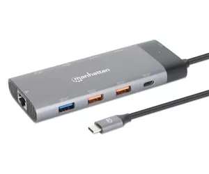 Manhattan 130714 knyginių kompiuterių dokas / jungčių replikatorius Vielinis USB 3.2 Gen 2 (3.1 Gen 2) Type-C Pilka