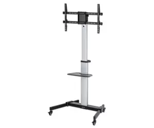 Manhattan TV & Monitor Mount, Trolley Stand, 1 screen, Screen Sizes: 37-86", -10 to 5° Tilt, 90° Rotation, Silver/Black, VESA 200x200 to 600x400mm, Max 50kg, Height adjustable 1200 to 1600mm, AV/Laptop shelf, Aluminium, LFD, Lifetime Warranty