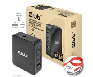 CLUB3D International Travel Charger 140W GaN technology, Four port USB Type-A(1x) and -C(3x), PPS + Power Delivery(PD) 3.1 Support