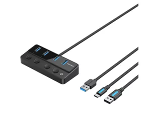 Vention USB 3.0 to USB 3.0 x4+USB C Hub With Individual Power Switches 1M Black