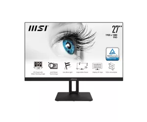 MSI Pro MP271P 27" Monitor, Full HD, 75Hz, IPS, HDMI, VGA, Built-in Speakers, Anti-Glare, Anti-Flicker, TÜV Certified, VESA, Kensington, Black