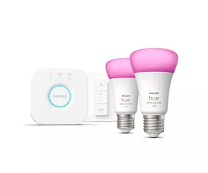 Philips Hue White and colour ambience Pradinis rinkinys: 2 E27 išmaniosios lemputės (1100) + šviesos reguliatoriaus jungiklis