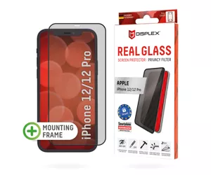 Displex Privacy Full Cover Screen Protector (10H) for Apple iPhone 12/12 Pro, Eco Mounting Frame, Privacy Filter, Tempered Glass, scratch resistant protective film, case friendly